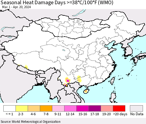 China, Mongolia and Taiwan Seasonal Heat Damage Days >=38°C/100°F (WMO) Thematic Map For 3/1/2024 - 4/20/2024