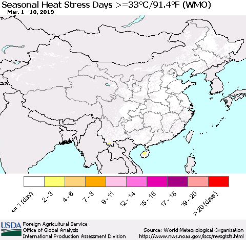 China, Mongolia and Taiwan Seasonal Heat Stress Days >=35°C/95°F (WMO) Thematic Map For 3/1/2019 - 3/10/2019