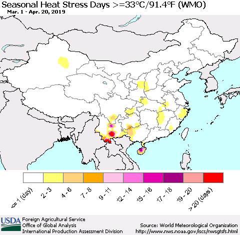 China and Taiwan Seasonal Heat Stress Days >=35°C/95°F (WMO) Thematic Map For 3/1/2019 - 4/20/2019