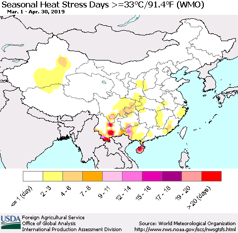 China and Taiwan Seasonal Heat Stress Days >=35°C/95°F (WMO) Thematic Map For 3/1/2019 - 4/30/2019