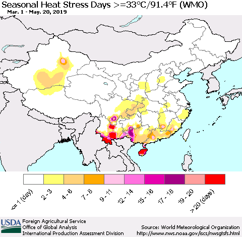 China and Taiwan Seasonal Heat Stress Days >=35°C/95°F (WMO) Thematic Map For 3/1/2019 - 5/20/2019