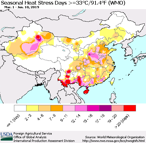 China and Taiwan Seasonal Heat Stress Days >=35°C/95°F (WMO) Thematic Map For 3/1/2019 - 6/10/2019