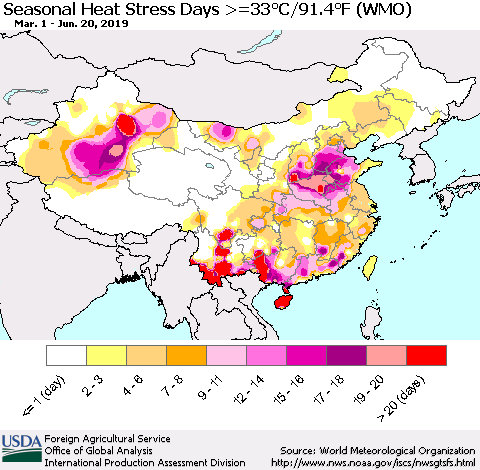 China and Taiwan Seasonal Heat Stress Days >=35°C/95°F (WMO) Thematic Map For 3/1/2019 - 6/20/2019