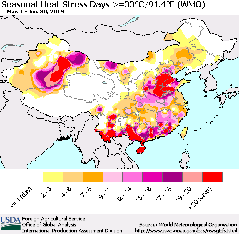 China and Taiwan Seasonal Heat Stress Days >=35°C/95°F (WMO) Thematic Map For 3/1/2019 - 6/30/2019