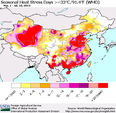 China and Taiwan Seasonal Heat Stress Days >=35°C/95°F (WMO) Thematic Map For 3/1/2019 - 7/10/2019