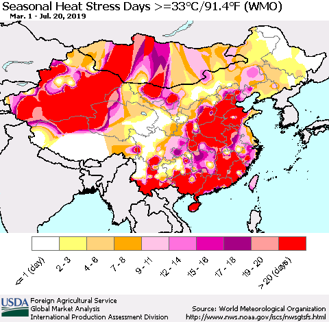 China and Taiwan Seasonal Heat Stress Days >=35°C/95°F (WMO) Thematic Map For 3/1/2019 - 7/20/2019