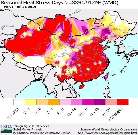 China and Taiwan Seasonal Heat Stress Days >=35°C/95°F (WMO) Thematic Map For 3/1/2019 - 7/31/2019