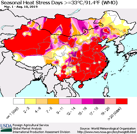 China and Taiwan Seasonal Heat Stress Days >=35°C/95°F (WMO) Thematic Map For 3/1/2019 - 8/10/2019