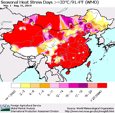 China and Taiwan Seasonal Heat Stress Days >=35°C/95°F (WMO) Thematic Map For 3/1/2019 - 8/31/2019