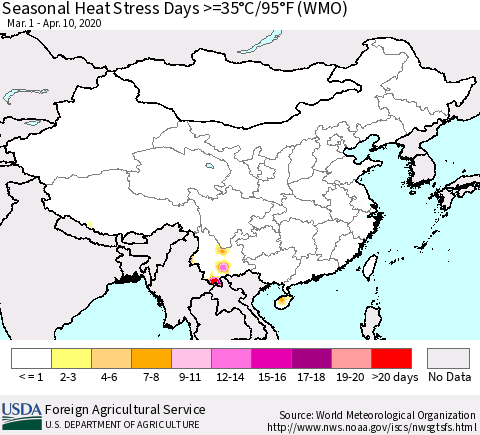 China and Taiwan Seasonal Heat Stress Days >=35°C/95°F (WMO) Thematic Map For 3/1/2020 - 4/10/2020