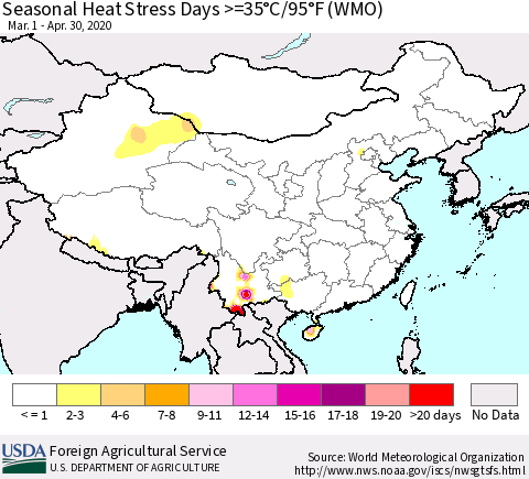 China and Taiwan Seasonal Heat Stress Days >=35°C/95°F (WMO) Thematic Map For 3/1/2020 - 4/30/2020