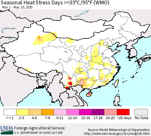 China, Mongolia and Taiwan Seasonal Heat Stress Days >=35°C/95°F (WMO) Thematic Map For 3/1/2020 - 5/10/2020