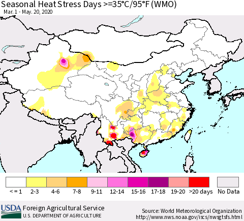 China and Taiwan Seasonal Heat Stress Days >=35°C/95°F (WMO) Thematic Map For 3/1/2020 - 5/20/2020