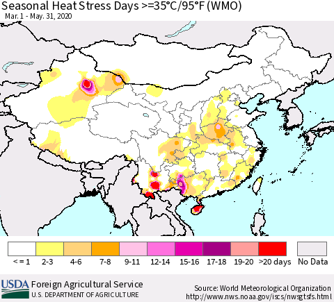 China, Mongolia and Taiwan Seasonal Heat Stress Days >=35°C/95°F (WMO) Thematic Map For 3/1/2020 - 5/31/2020