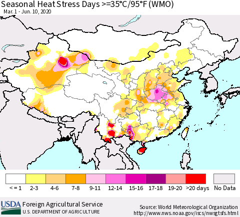 China and Taiwan Seasonal Heat Stress Days >=35°C/95°F (WMO) Thematic Map For 3/1/2020 - 6/10/2020