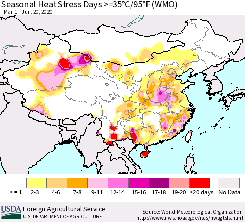 China, Mongolia and Taiwan Seasonal Heat Stress Days >=35°C/95°F (WMO) Thematic Map For 3/1/2020 - 6/20/2020