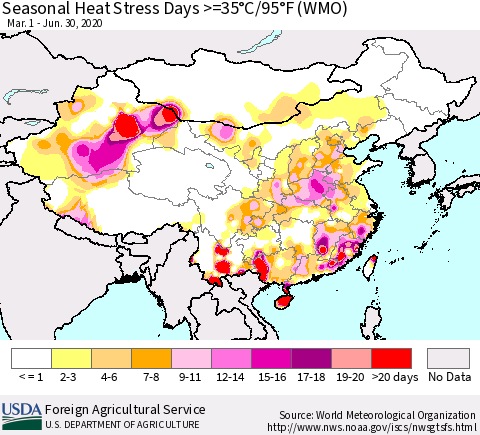 China and Taiwan Seasonal Heat Stress Days >=35°C/95°F (WMO) Thematic Map For 3/1/2020 - 6/30/2020