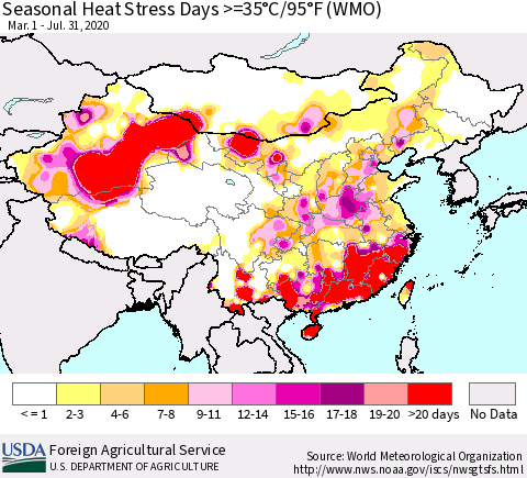 China and Taiwan Seasonal Heat Stress Days >=35°C/95°F (WMO) Thematic Map For 3/1/2020 - 7/31/2020