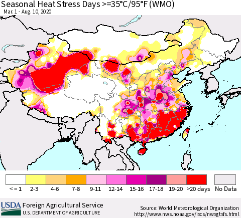 China and Taiwan Seasonal Heat Stress Days >=35°C/95°F (WMO) Thematic Map For 3/1/2020 - 8/10/2020