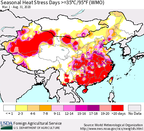 China and Taiwan Seasonal Heat Stress Days >=35°C/95°F (WMO) Thematic Map For 3/1/2020 - 8/31/2020