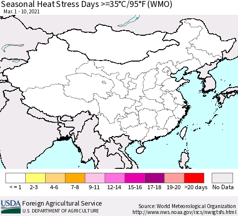 China, Mongolia and Taiwan Seasonal Heat Stress Days >=35°C/95°F (WMO) Thematic Map For 3/1/2021 - 3/10/2021