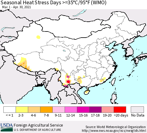 China, Mongolia and Taiwan Seasonal Heat Stress Days >=35°C/95°F (WMO) Thematic Map For 3/1/2021 - 4/30/2021