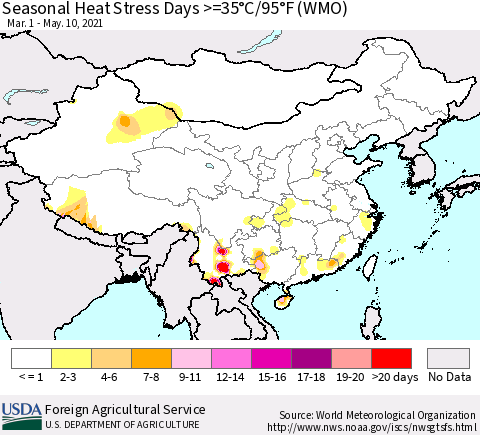 China, Mongolia and Taiwan Seasonal Heat Stress Days >=35°C/95°F (WMO) Thematic Map For 3/1/2021 - 5/10/2021