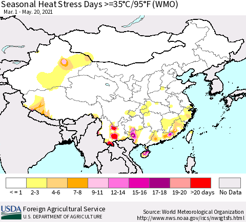China, Mongolia and Taiwan Seasonal Heat Stress Days >=35°C/95°F (WMO) Thematic Map For 3/1/2021 - 5/20/2021