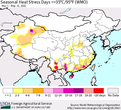 China, Mongolia and Taiwan Seasonal Heat Stress Days >=35°C/95°F (WMO) Thematic Map For 3/1/2021 - 5/31/2021