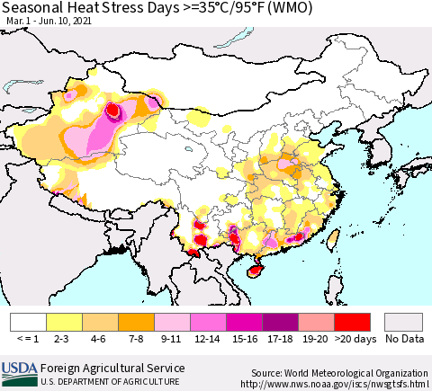 China, Mongolia and Taiwan Seasonal Heat Stress Days >=35°C/95°F (WMO) Thematic Map For 3/1/2021 - 6/10/2021