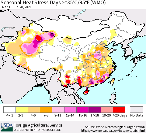 China, Mongolia and Taiwan Seasonal Heat Stress Days >=35°C/95°F (WMO) Thematic Map For 3/1/2021 - 6/20/2021