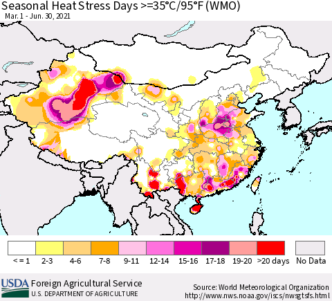 China, Mongolia and Taiwan Seasonal Heat Stress Days >=35°C/95°F (WMO) Thematic Map For 3/1/2021 - 6/30/2021