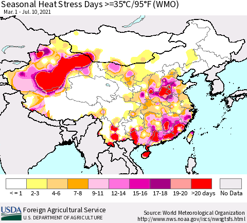 China, Mongolia and Taiwan Seasonal Heat Stress Days >=35°C/95°F (WMO) Thematic Map For 3/1/2021 - 7/10/2021
