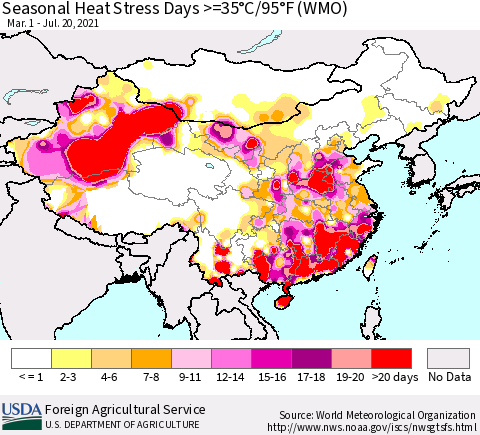 China, Mongolia and Taiwan Seasonal Heat Stress Days >=35°C/95°F (WMO) Thematic Map For 3/1/2021 - 7/20/2021