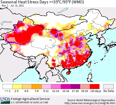 China, Mongolia and Taiwan Seasonal Heat Stress Days >=35°C/95°F (WMO) Thematic Map For 3/1/2021 - 7/31/2021