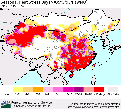 China, Mongolia and Taiwan Seasonal Heat Stress Days >=35°C/95°F (WMO) Thematic Map For 3/1/2021 - 8/10/2021