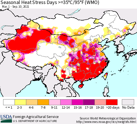 China, Mongolia and Taiwan Seasonal Heat Stress Days >=35°C/95°F (WMO) Thematic Map For 3/1/2021 - 9/10/2021