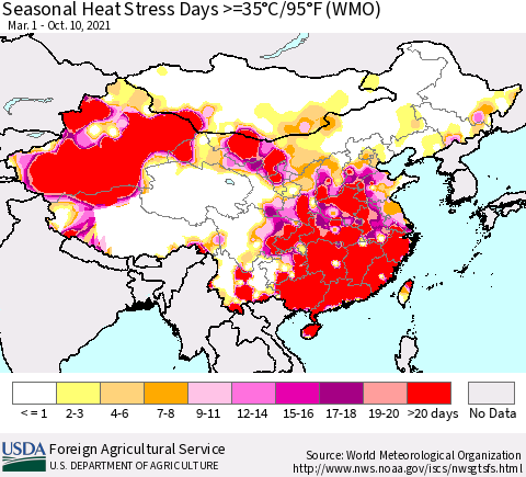 China, Mongolia and Taiwan Seasonal Heat Stress Days >=35°C/95°F (WMO) Thematic Map For 3/1/2021 - 10/10/2021