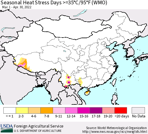 China, Mongolia and Taiwan Seasonal Heat Stress Days >=35°C/95°F (WMO) Thematic Map For 3/1/2022 - 4/30/2022
