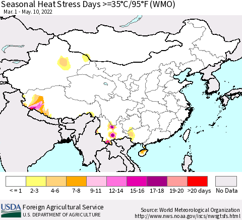 China, Mongolia and Taiwan Seasonal Heat Stress Days >=35°C/95°F (WMO) Thematic Map For 3/1/2022 - 5/10/2022
