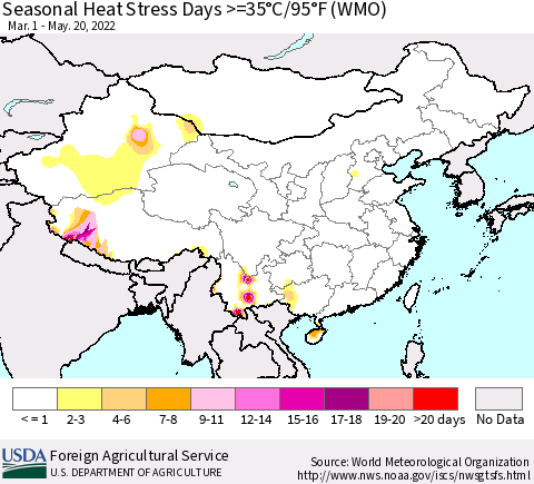 China, Mongolia and Taiwan Seasonal Heat Stress Days >=35°C/95°F (WMO) Thematic Map For 3/1/2022 - 5/20/2022