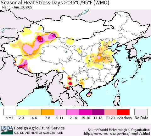 China, Mongolia and Taiwan Seasonal Heat Stress Days >=35°C/95°F (WMO) Thematic Map For 3/1/2022 - 6/10/2022