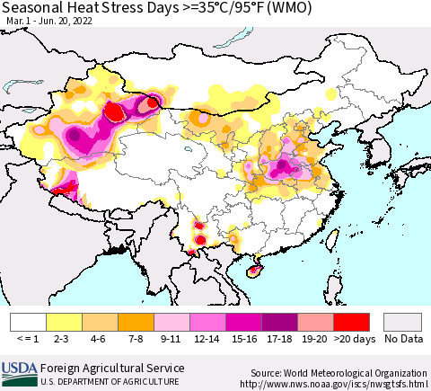China, Mongolia and Taiwan Seasonal Heat Stress Days >=35°C/95°F (WMO) Thematic Map For 3/1/2022 - 6/20/2022