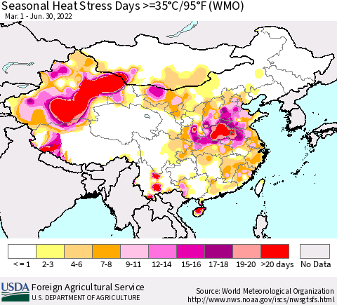 China, Mongolia and Taiwan Seasonal Heat Stress Days >=35°C/95°F (WMO) Thematic Map For 3/1/2022 - 6/30/2022