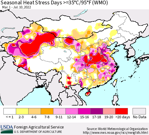 China, Mongolia and Taiwan Seasonal Heat Stress Days >=35°C/95°F (WMO) Thematic Map For 3/1/2022 - 7/10/2022