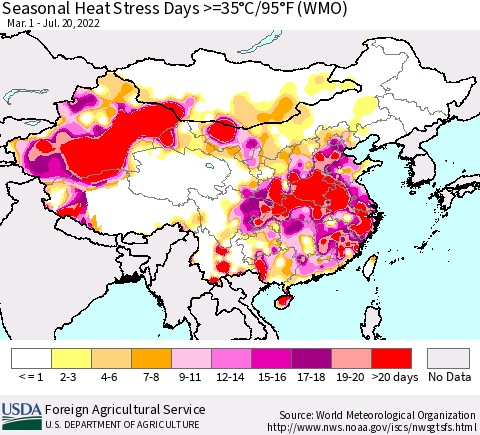 China, Mongolia and Taiwan Seasonal Heat Stress Days >=35°C/95°F (WMO) Thematic Map For 3/1/2022 - 7/20/2022