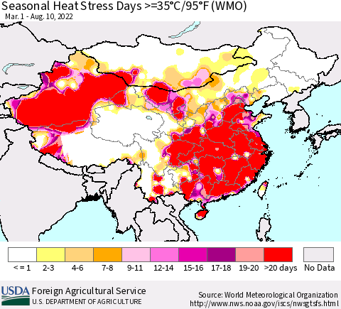 China, Mongolia and Taiwan Seasonal Heat Stress Days >=35°C/95°F (WMO) Thematic Map For 3/1/2022 - 8/10/2022