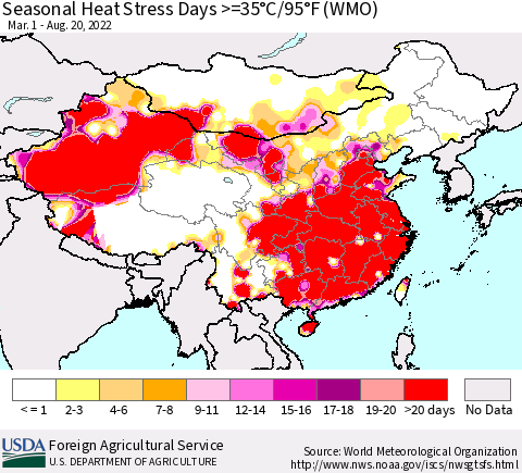 China, Mongolia and Taiwan Seasonal Heat Stress Days >=35°C/95°F (WMO) Thematic Map For 3/1/2022 - 8/20/2022