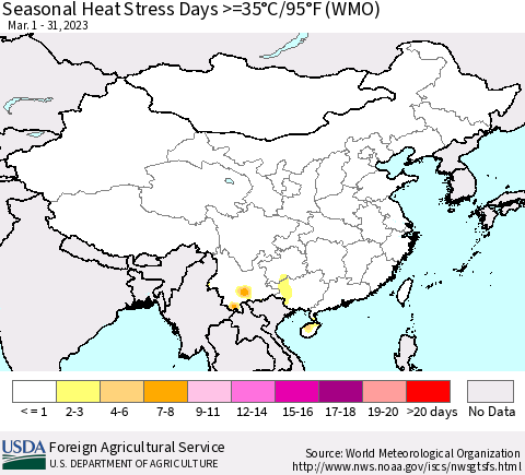 China, Mongolia and Taiwan Seasonal Heat Stress Days >=35°C/95°F (WMO) Thematic Map For 3/1/2023 - 3/31/2023
