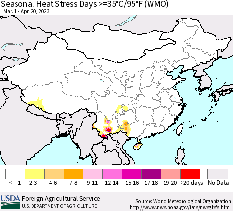 China, Mongolia and Taiwan Seasonal Heat Stress Days >=35°C/95°F (WMO) Thematic Map For 3/1/2023 - 4/20/2023